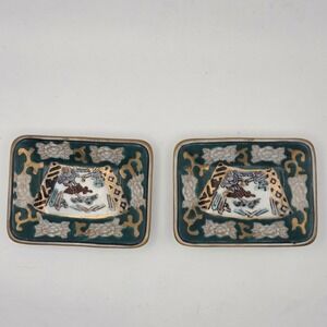 Gold Imari Hand Painted Porcelain Trinket Dish Set 2 Teal Gold Japan Rectangular